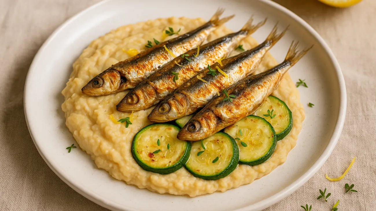 Alici fresche ceci schiacciati zucchine sottili"