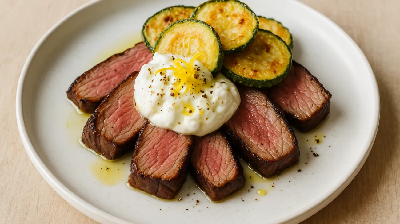 Bistecca alla fiorentina stracciatella di bufala zucchine croccanti"